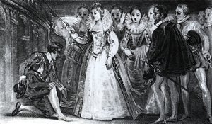 Dronning Elizabeth I (1530-1603) ridder Francis Drake (ca. 1540-96) i 1581 av English School